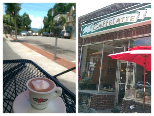 My perfect Espresso Machiatto with views outside Cafe Latte towards the Hudson River