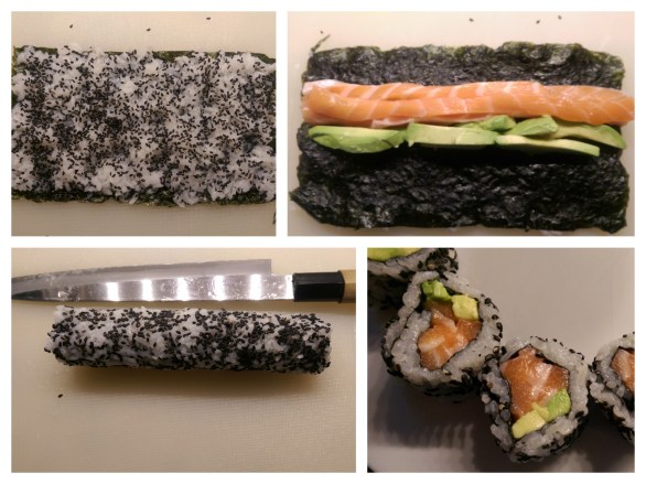 The stages of making Salmon Avocado Maki