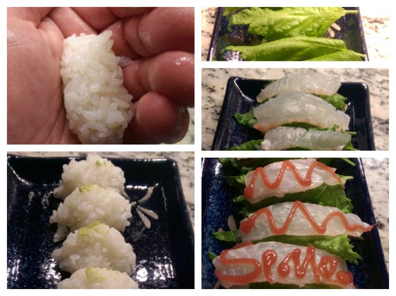 The steps to assemble Nigiri with Bream, Shiso Leaf and Plum Sauce,