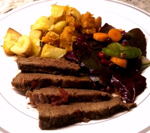 Brisket with Roasted New and Sweet Potato and Red Spinach sides
