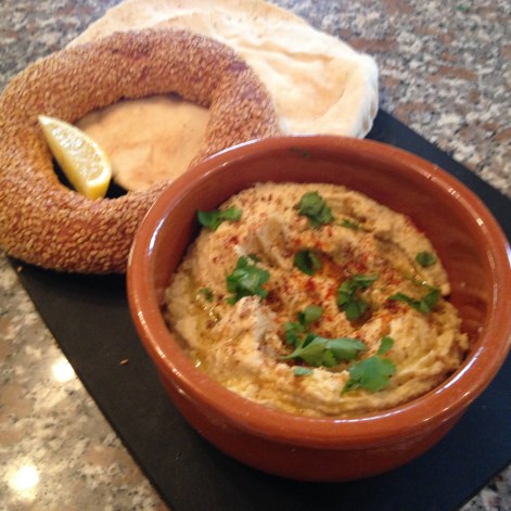 Houmous/hummus with Turkish Simit (sesame ring bread) & Greek pita