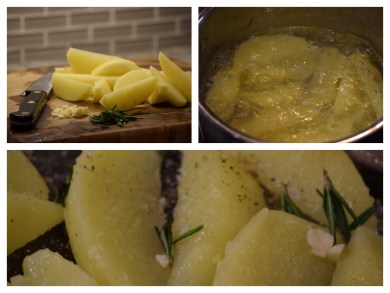 The 3 stages of cooking - note the fluffy exterior of the potatoes about to be roasted