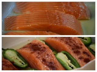 Salmon + Jalapeno peppers + oil + seasoning