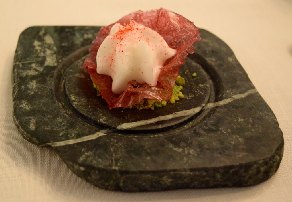 Hisbiscus Flower &amp; Pisco Sour on a pistachio crumb